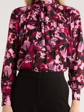 10 Crosby Derek Lam Pink and Burgundy Floral Tie-Neck Blouse